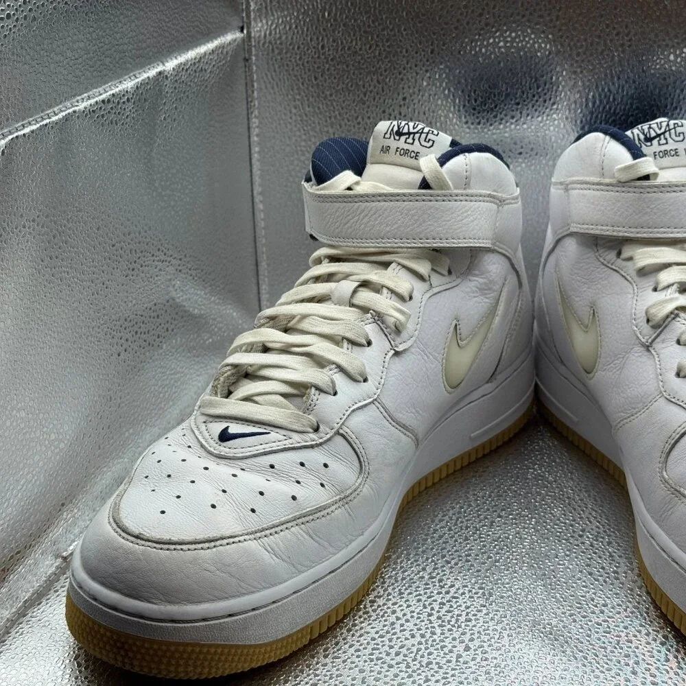 Size 13 Nike Air Force 1 Mid QS NYC Yankees‎ Mens White Sneaker Shoes DH5622-100
